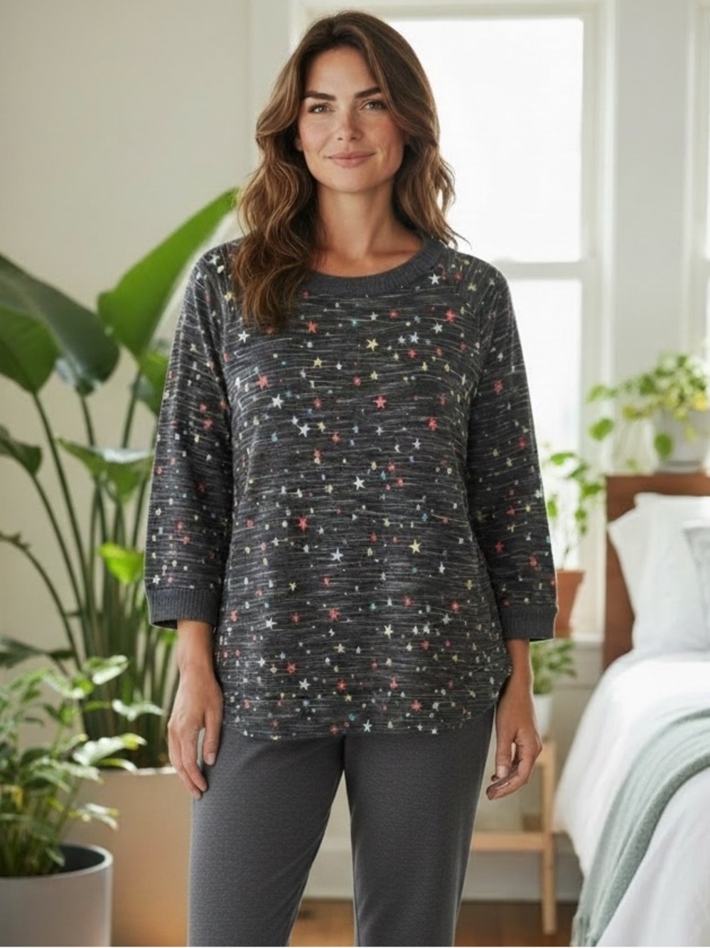 Secret treasures Charcoal Star Print Pullover sleep Top size M